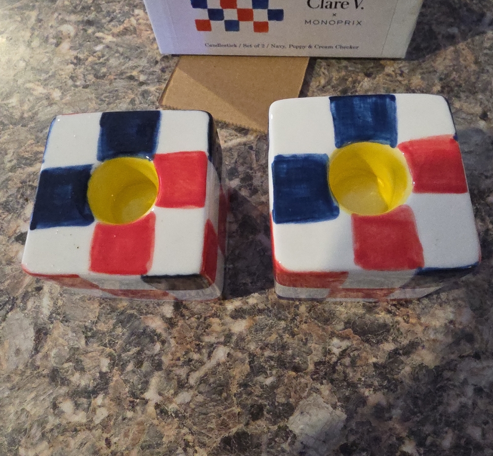 CLARE V X MONO PRIX Ceramic Candlestick Set White Blue Red Check Square Cube NEW - Picture 2 of 5